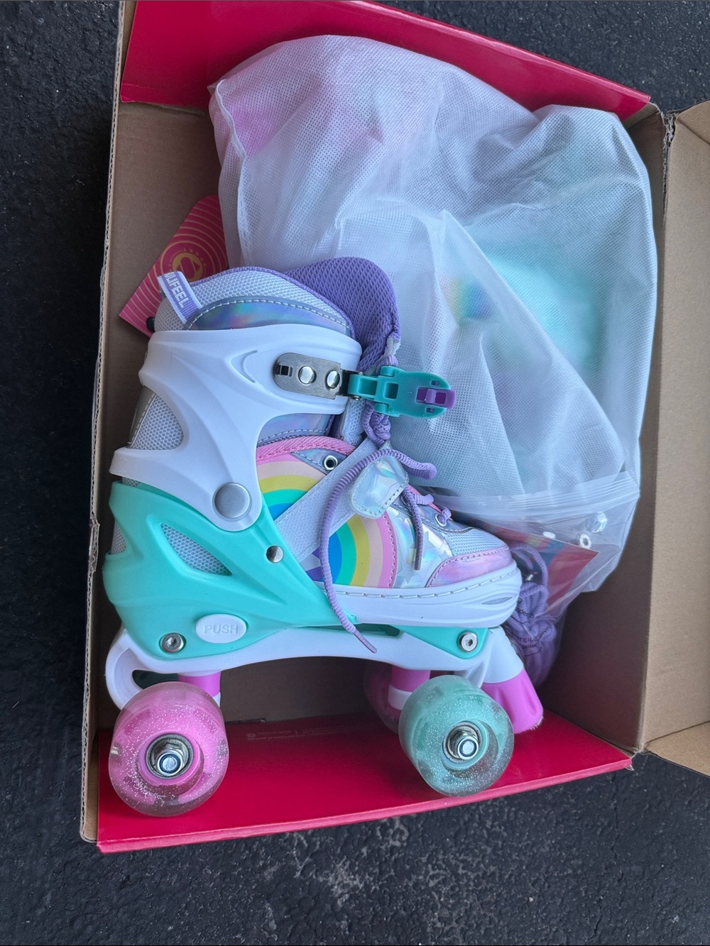 Adjustable Kids Quad Roller Skates in Turquoise & Purple - Rainbow Design